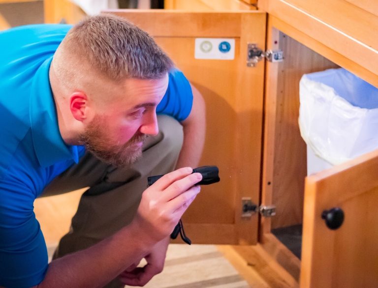 Brad from Elite Pest and Termite Control inspecting under a sink